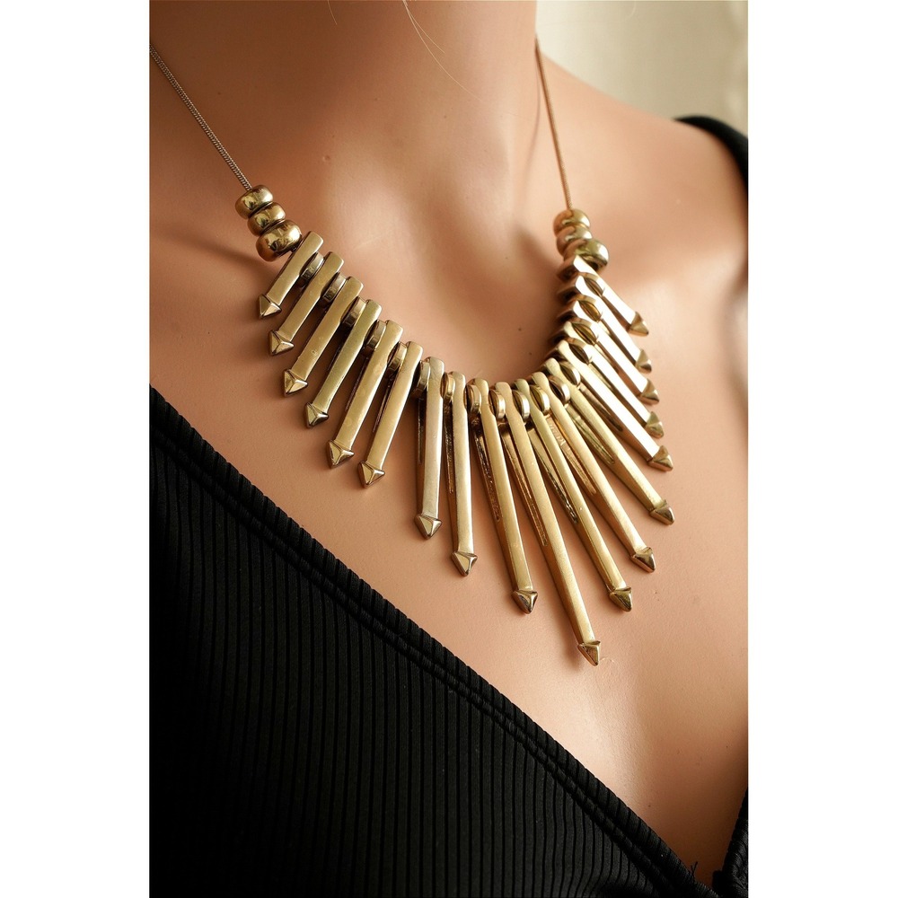 Chic Geometric Spike Statement Necklace Gold Tone Adjustable Chain‎